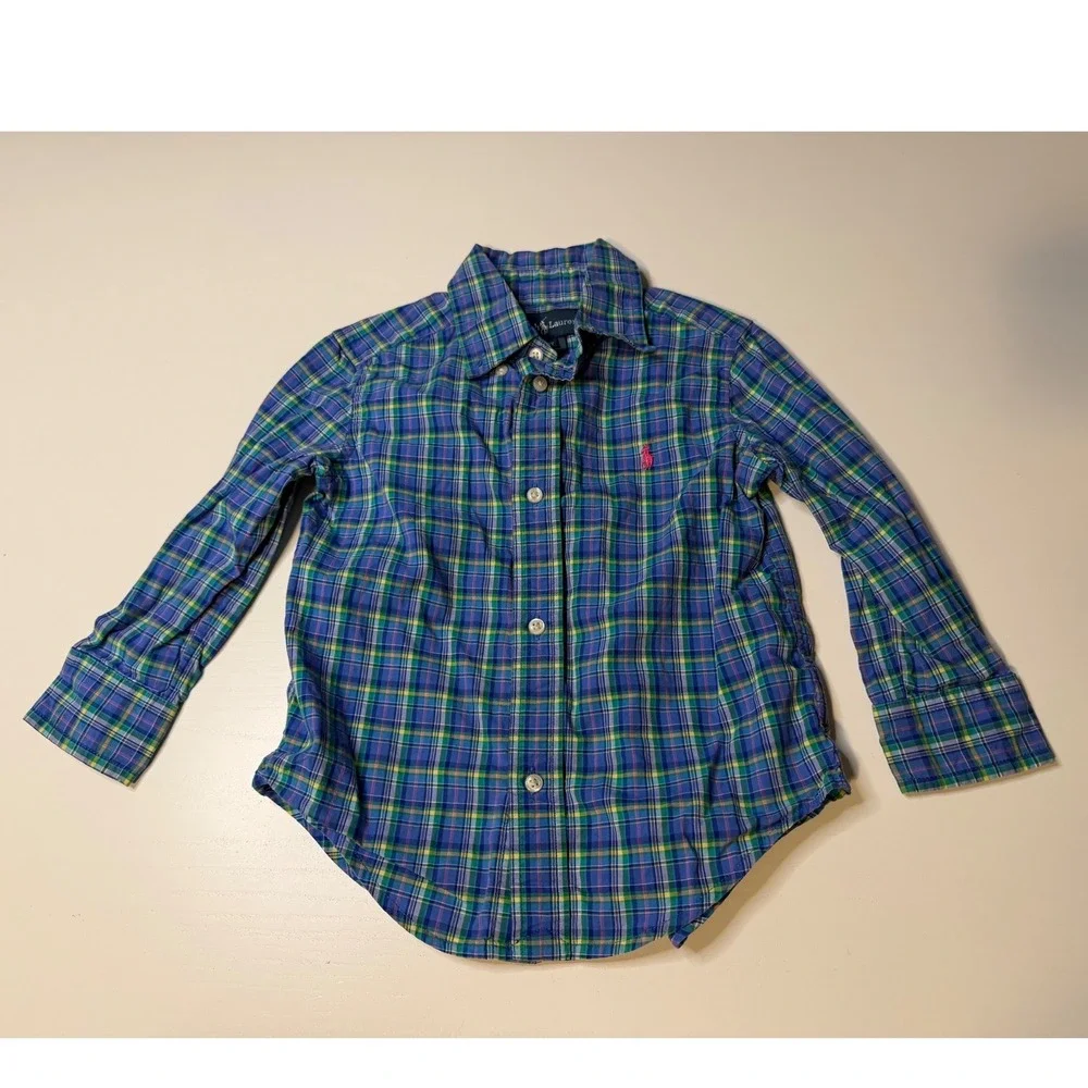 Ralph Lauren Toddler Boys Blue Green Plaid Button Down Shirt Pink Pony 2T